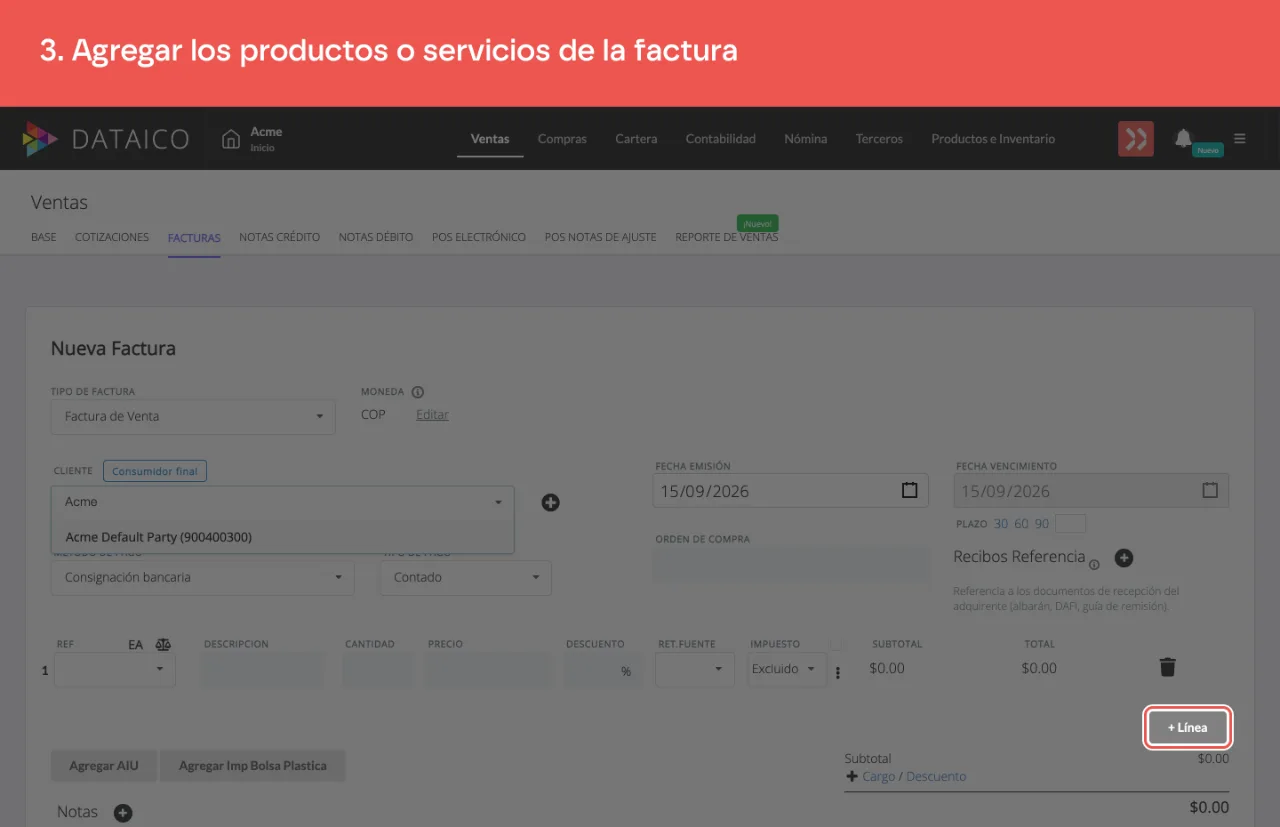 El botón para agregar un ítem al detalle de la factura