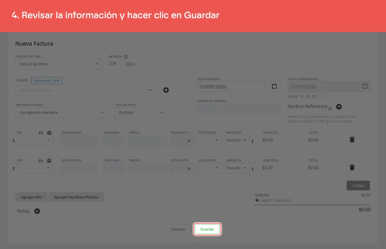 El botón Guardar del formulario de factura