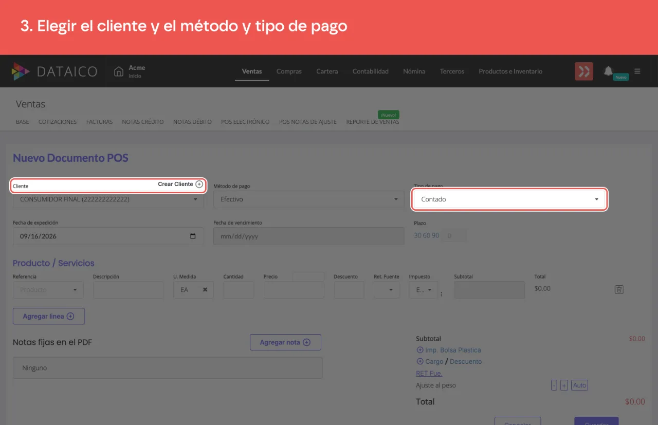Los campos de cliente y tipo de pago del documento POS