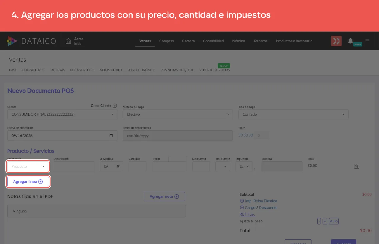 El autocompletar de producto y el control que agrega una línea