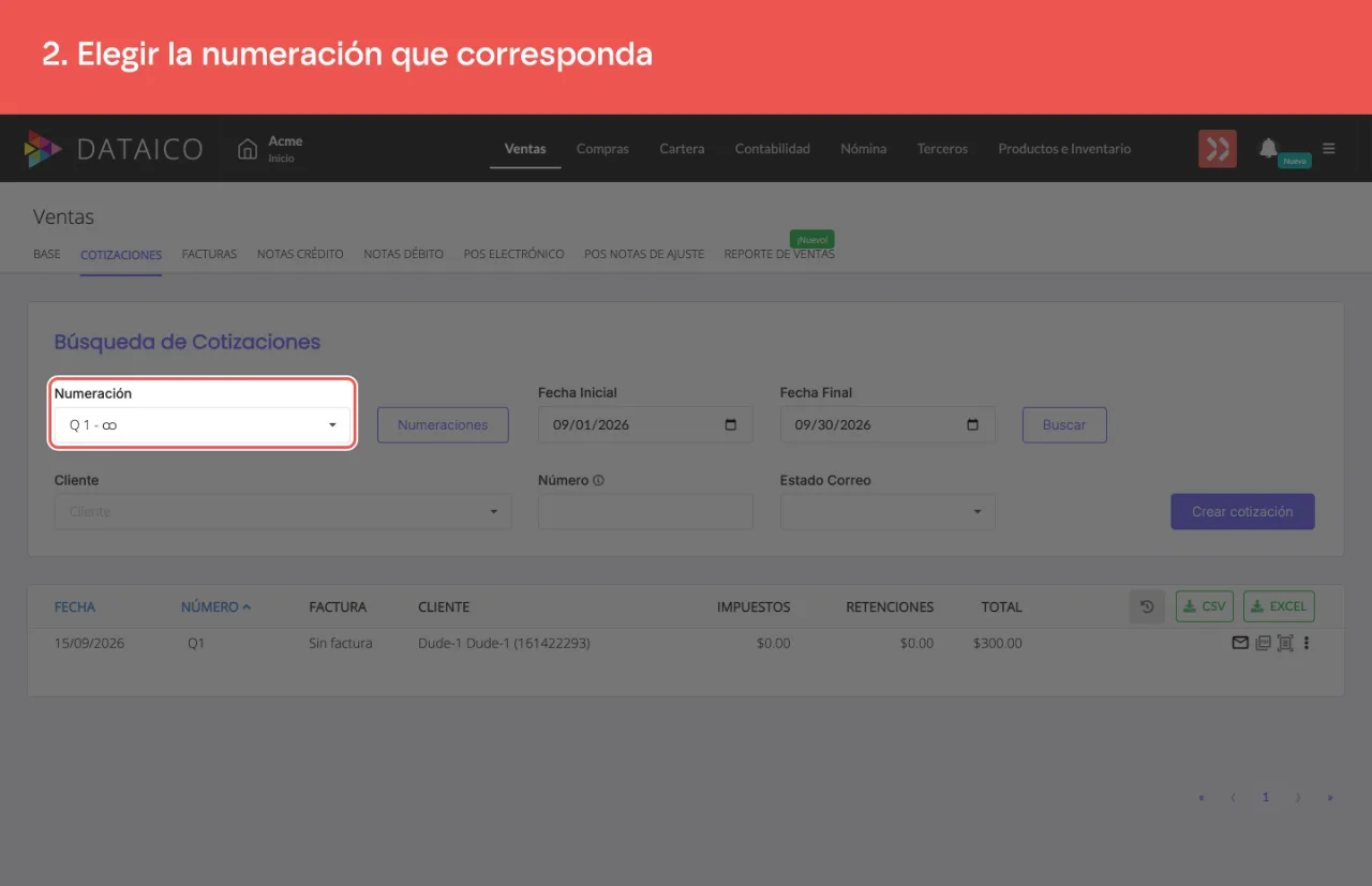 El selector de numeración del listado de cotizaciones