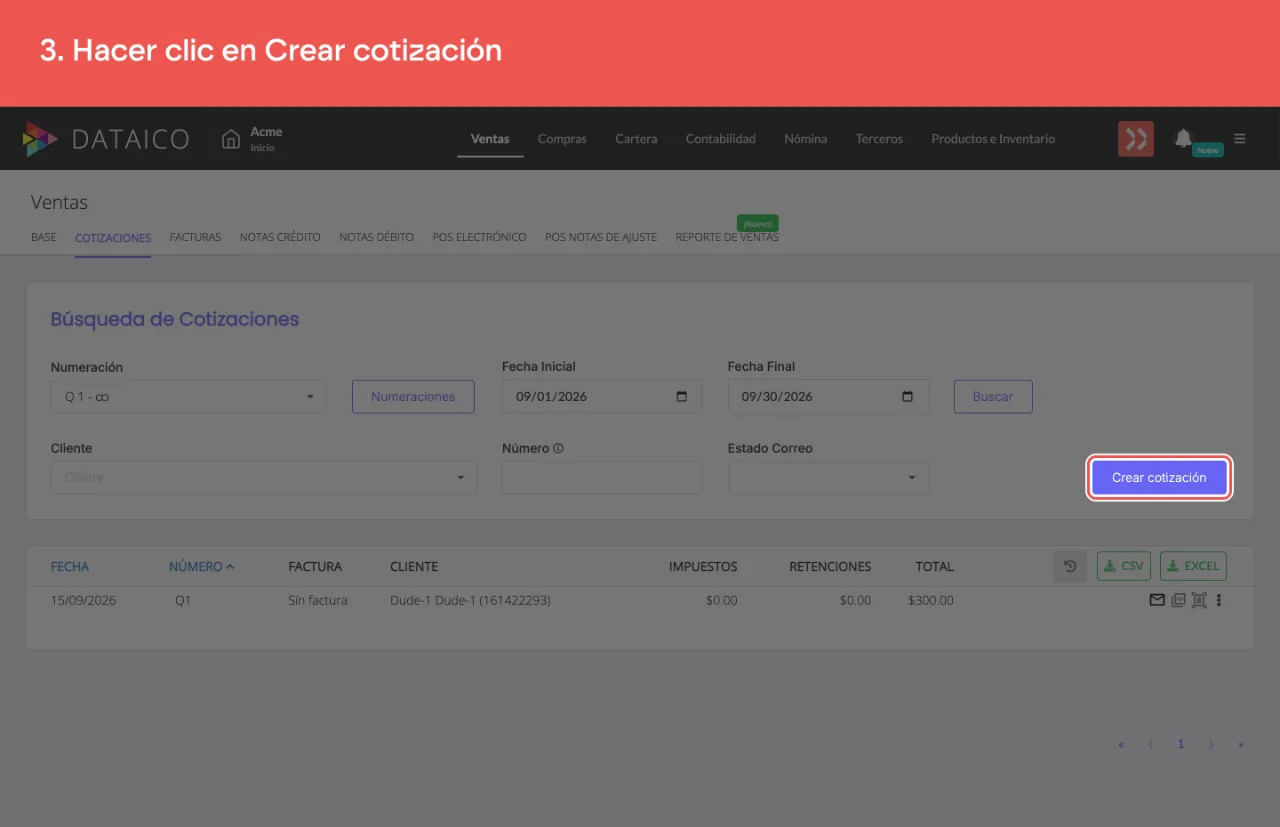 El botón Crear cotización, sobre el listado