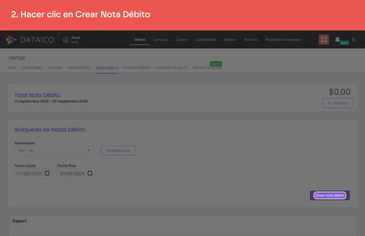 El control que abre el cuadro de una nota débito nueva