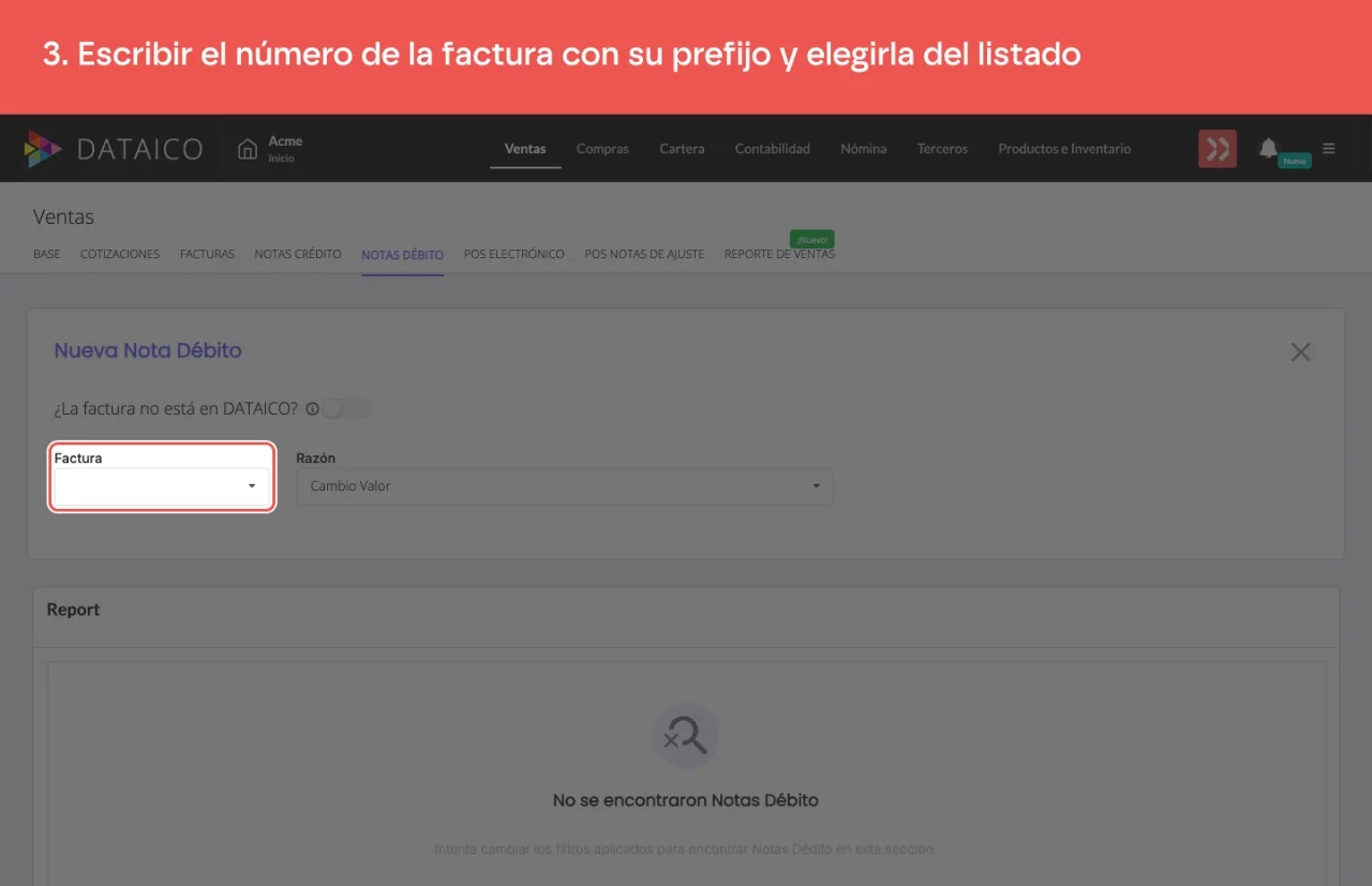 El campo que pide la factura a la que se aplica la nota débito