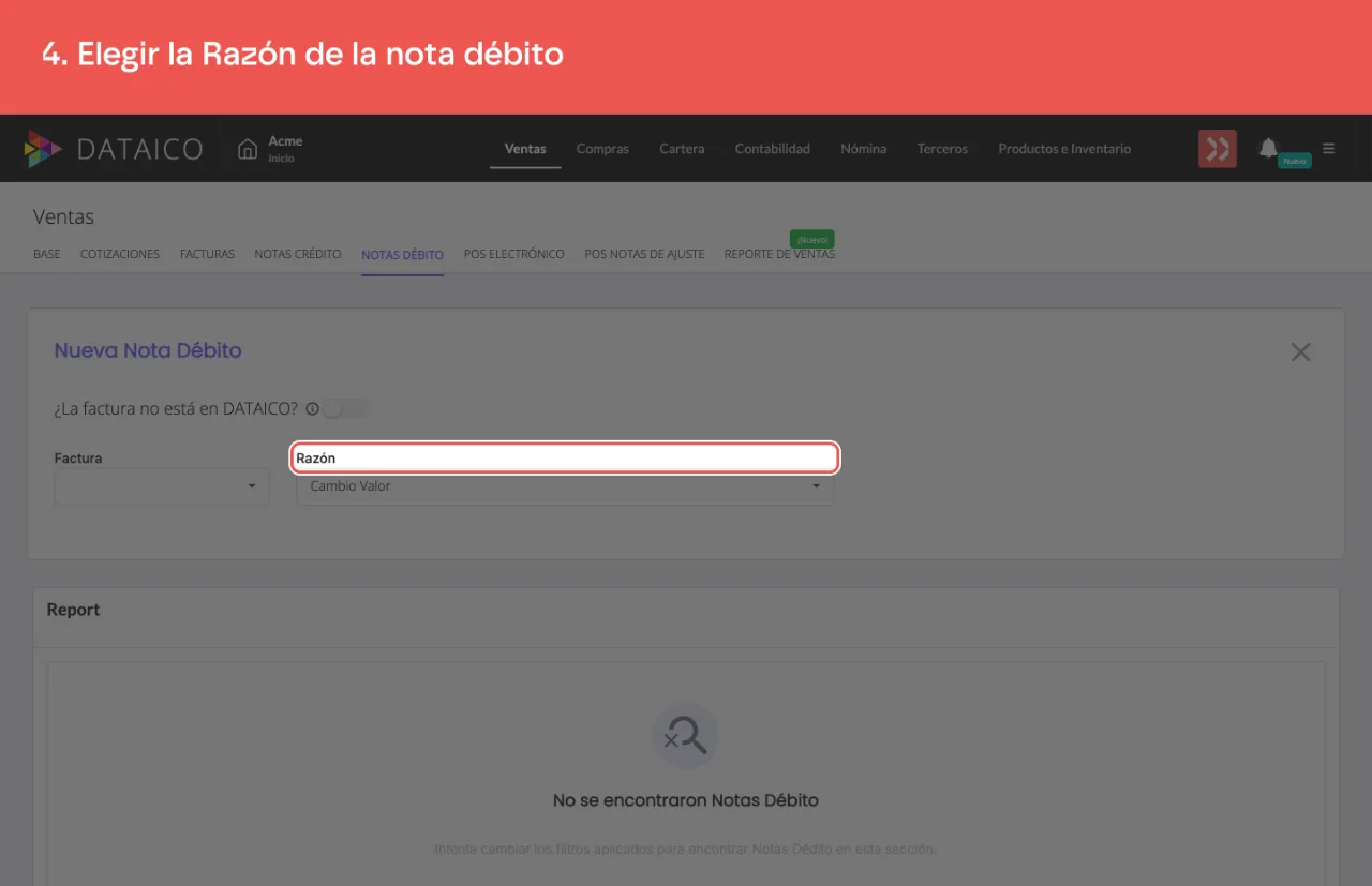El selector de razón de la nota débito
