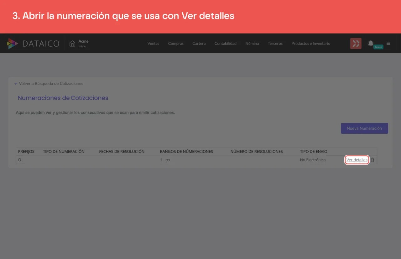 La acción Ver detalles de la numeración, en el listado de numeraciones