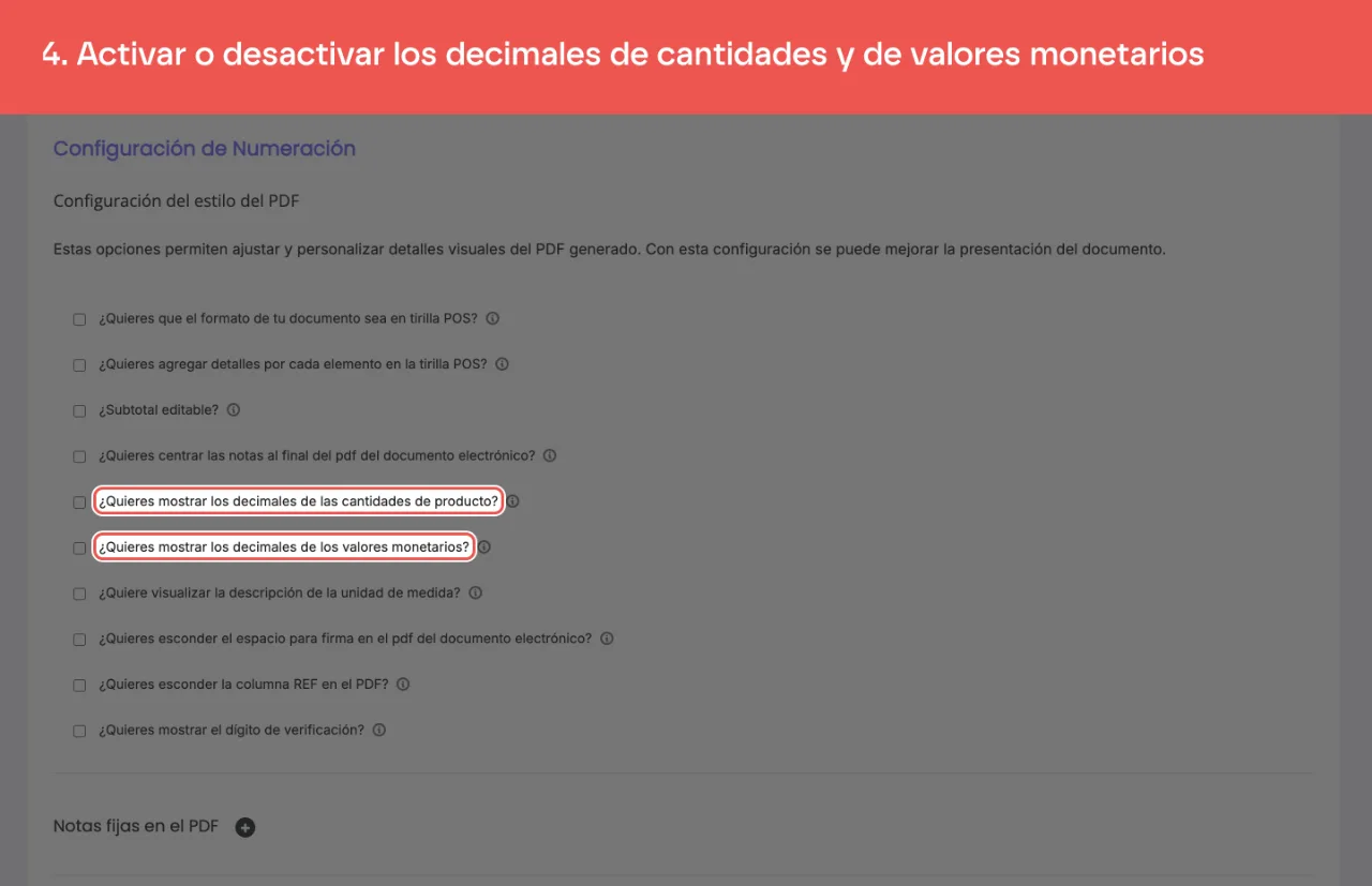 Las dos opciones de decimales: las de cantidades de producto y las de valores monetarios
