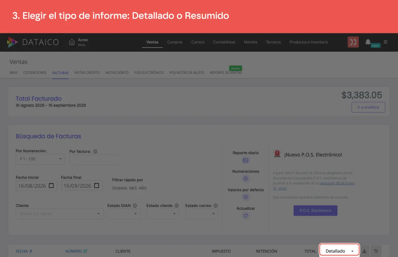 El selector de tipo de informe, desplegado con las opciones Detallado y Resumido