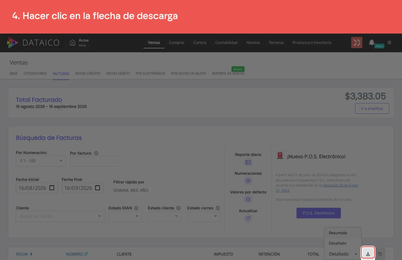 La flecha de descarga, junto al selector de tipo de informe