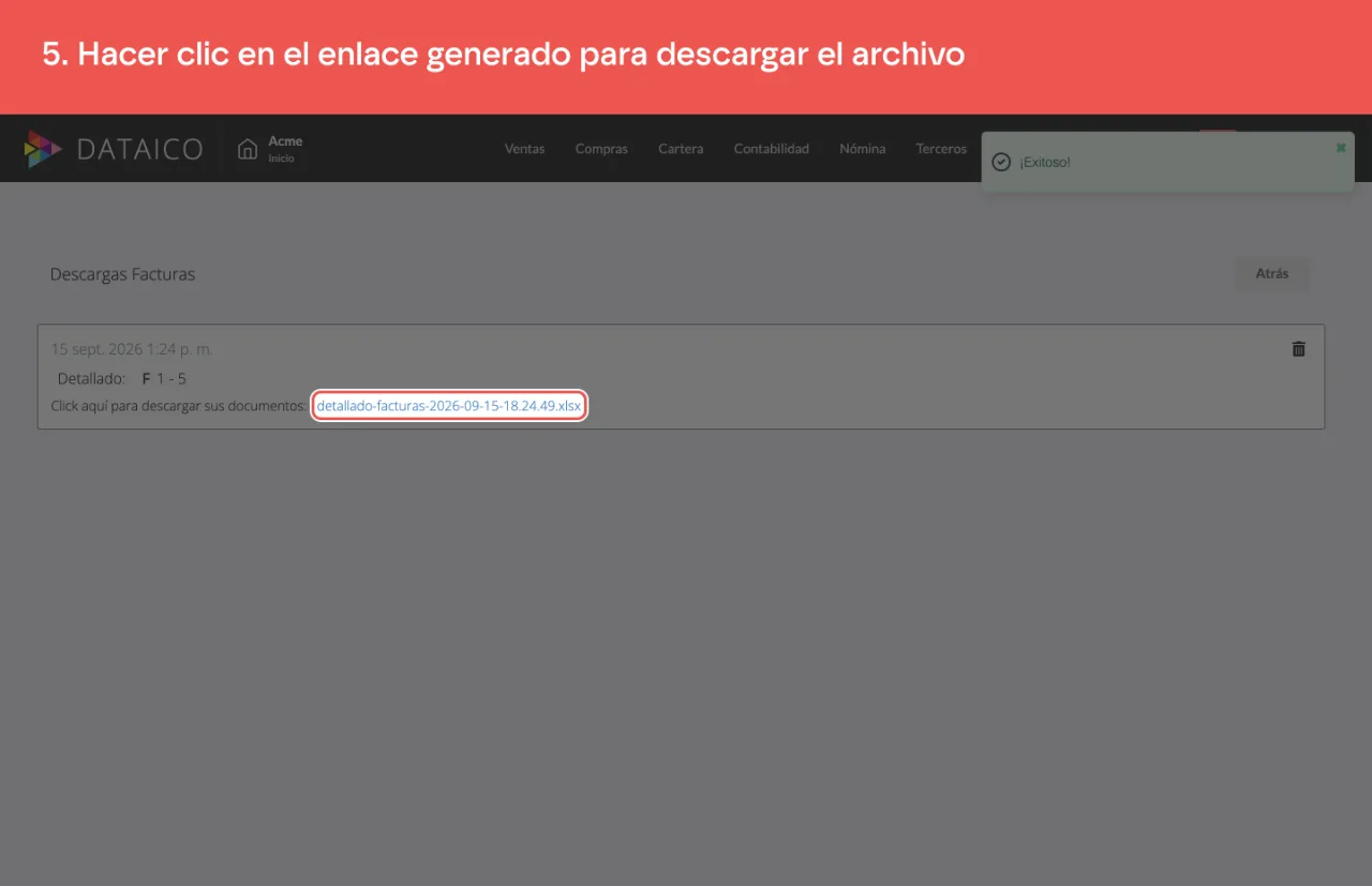 El enlace al archivo generado, en la pantalla de descargas