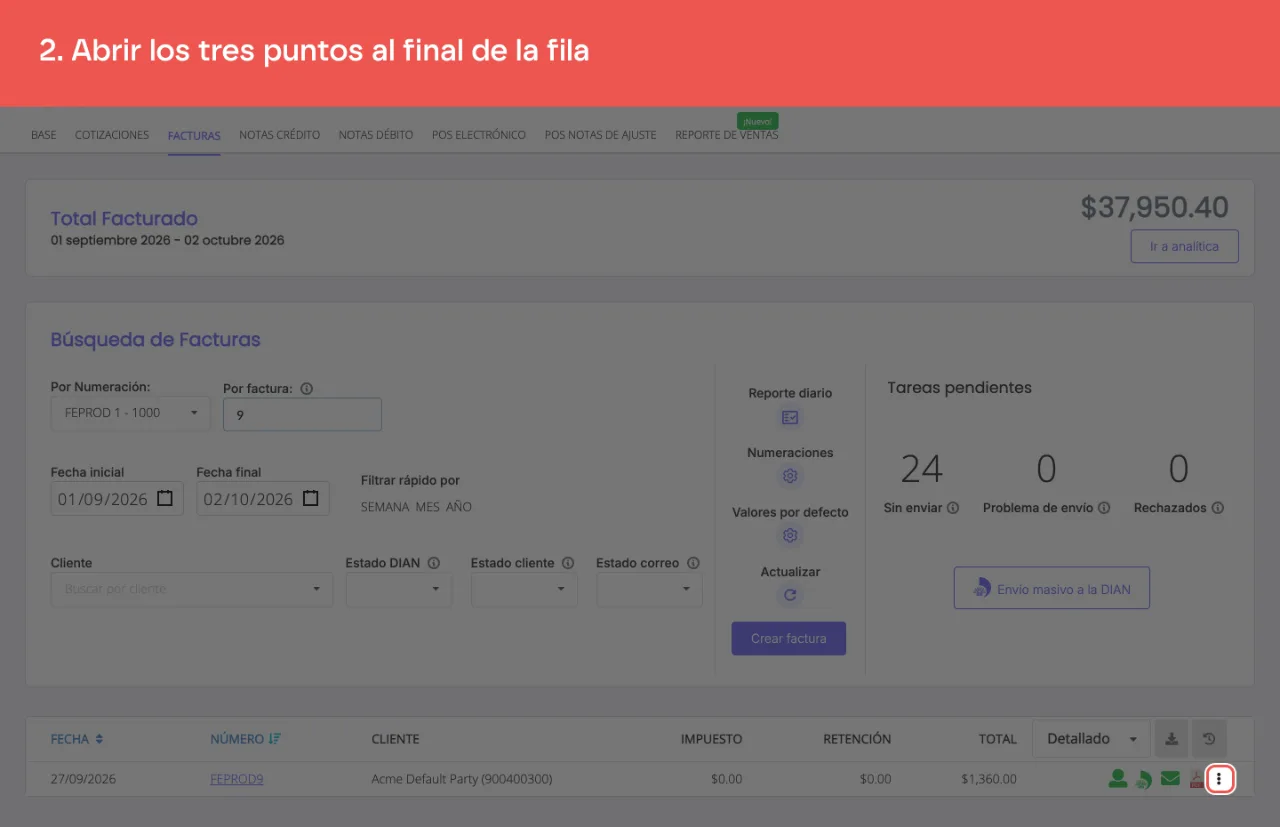 El menú de tres puntos de la fila de la factura, a la derecha del ícono de PDF