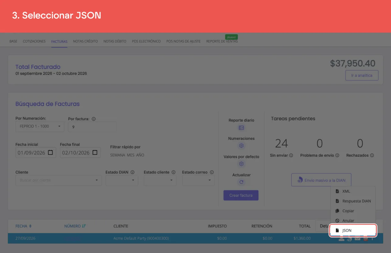 La opción JSON del menú, que sólo aparece en las facturas creadas por la API