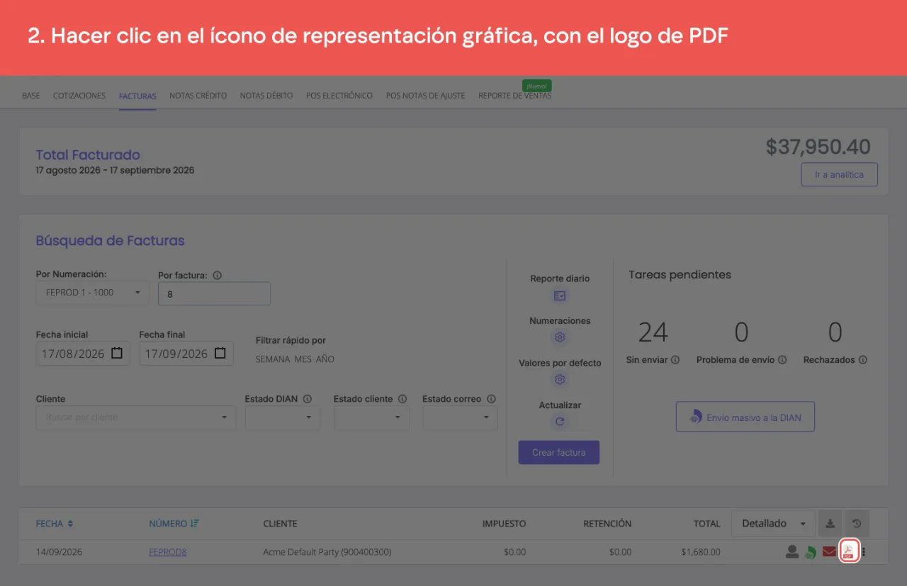 El ícono de PDF de la fila, a la derecha de la factura