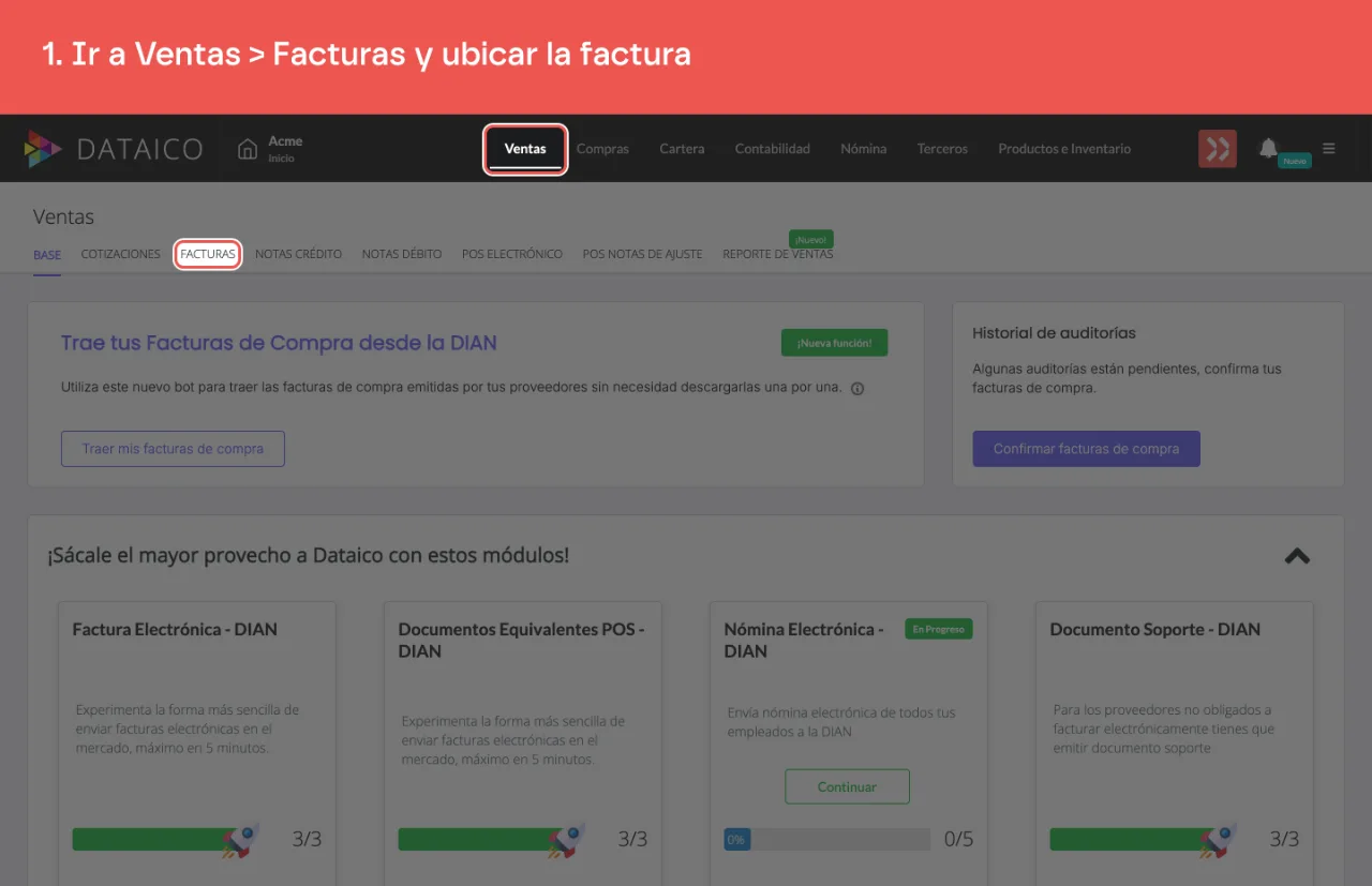La pestaña Ventas del menú principal y la pestaña Facturas de la barra de secciones