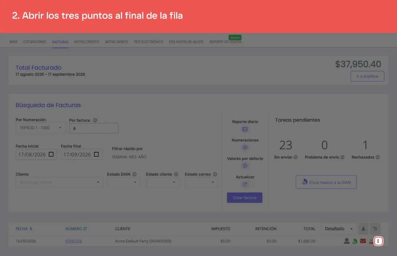 El menú de tres puntos de la fila, a la derecha del ícono de PDF