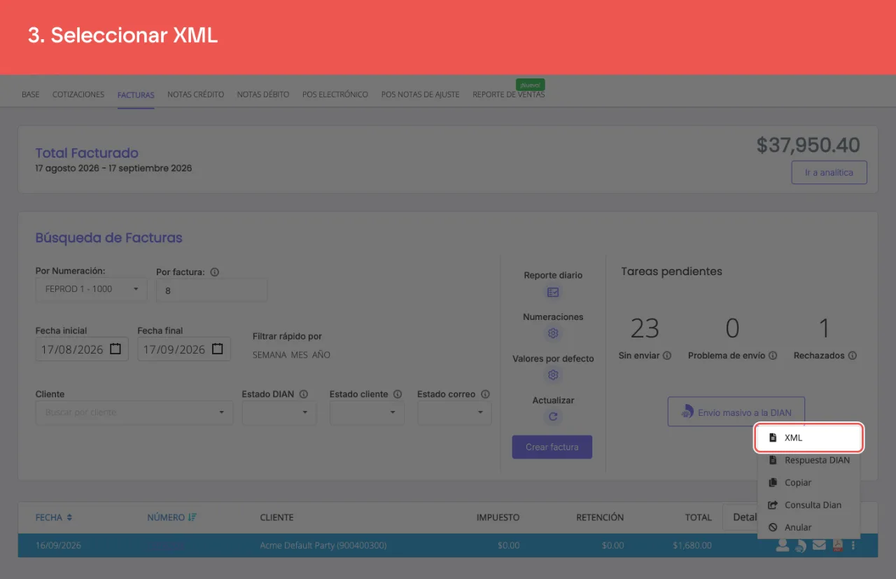 La opción XML del menú, que descarga el archivo