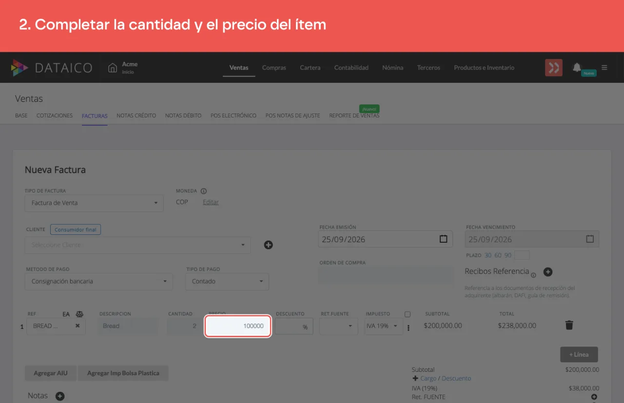 La línea de la factura con la descripción, la cantidad 2 y el precio 100000