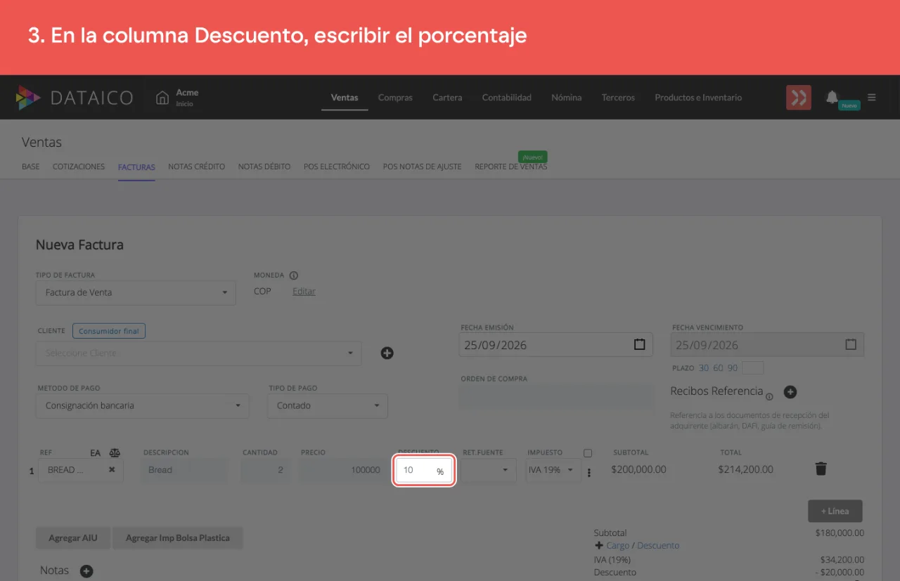 El campo Descuento de la línea, con el signo de porcentaje y el valor 10 escrito
