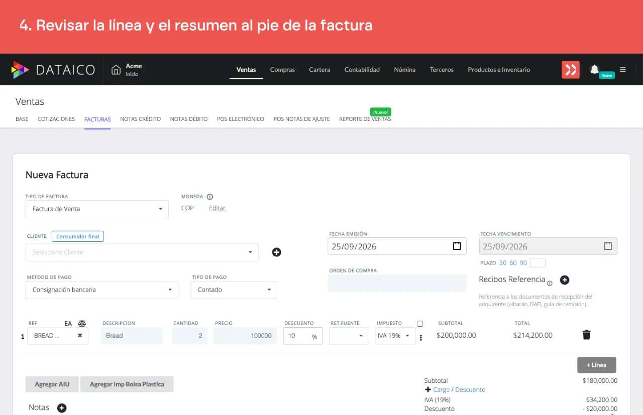 El resumen al pie de la factura, con el total a pagar ya calculado con el descuento
