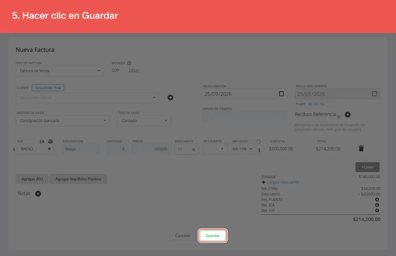 El botón Guardar del formulario de factura