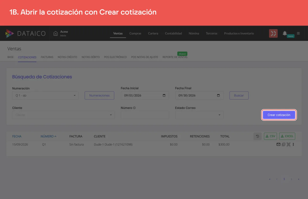 El botón Crear cotización, en el listado de cotizaciones