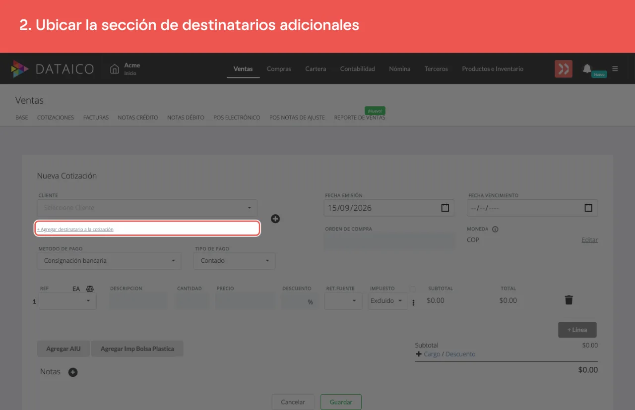 La sección de destinatarios adicionales del formulario de cotización