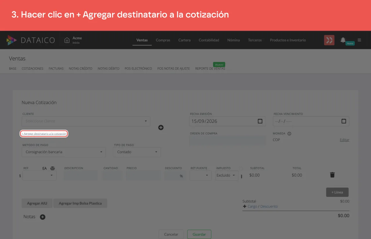 El control que agrega una fila de destinatario