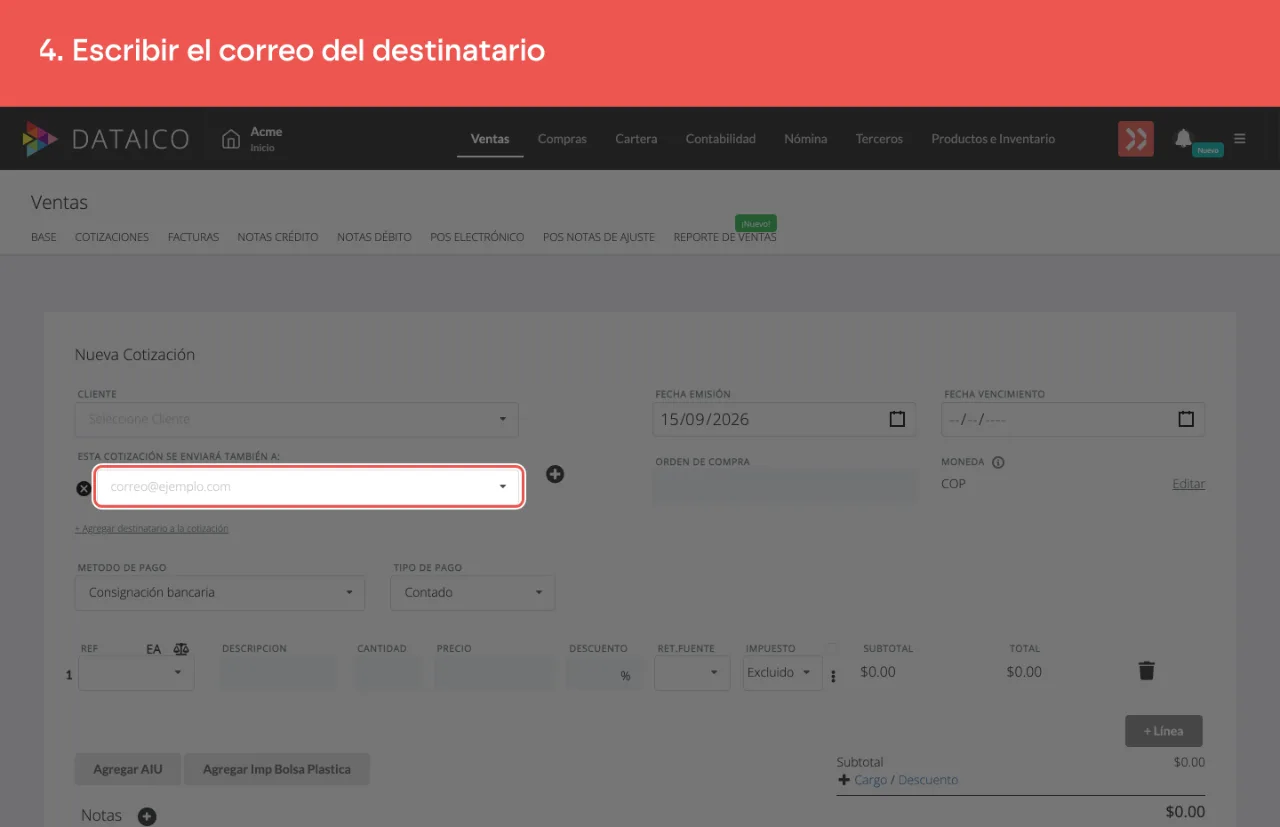 La fila del destinatario, con el correo escrito