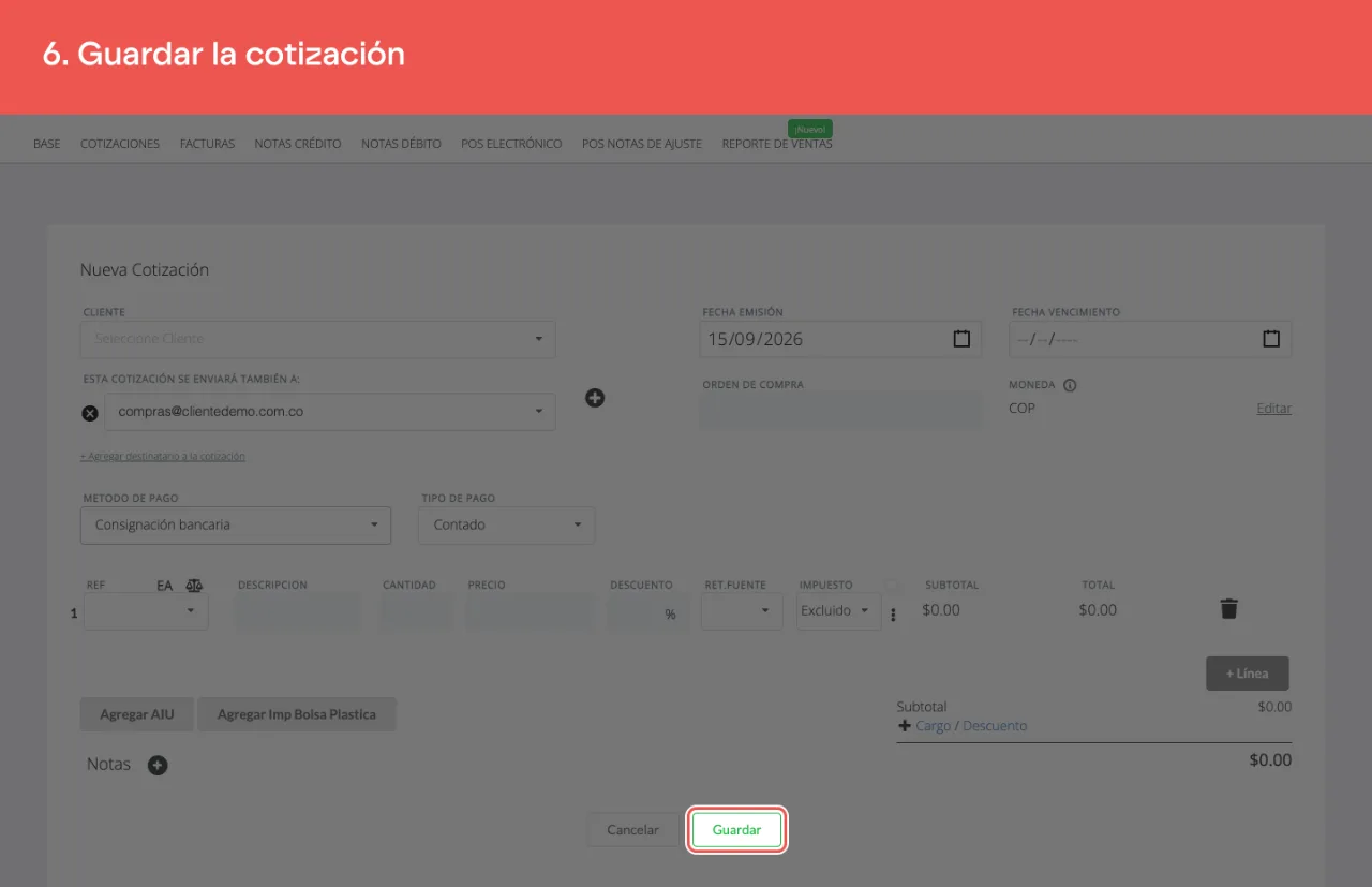 El botón Guardar del formulario de la cotización