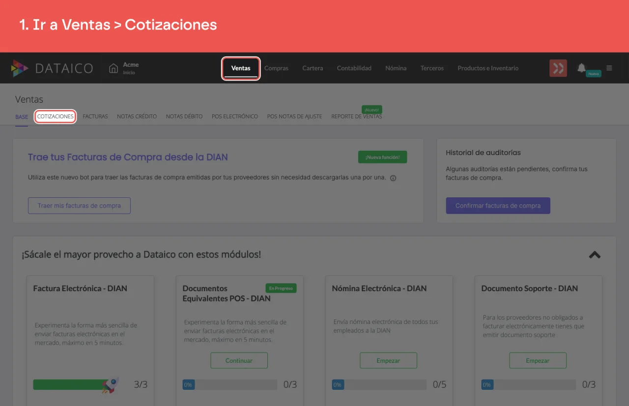 La pestaña Ventas del menú principal y la pestaña Cotizaciones de la barra de secciones