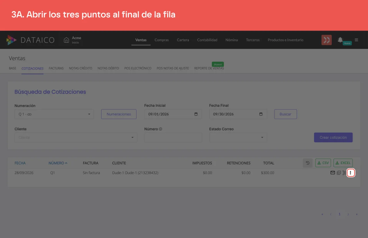 El menú de tres puntos de la fila de la cotización
