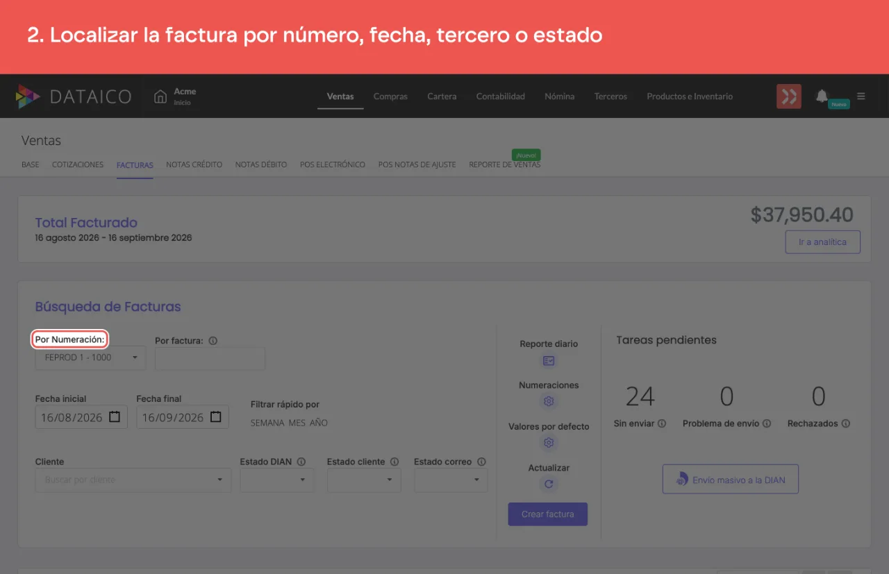 Los filtros del listado de facturas: numeración, fechas, cliente y estados