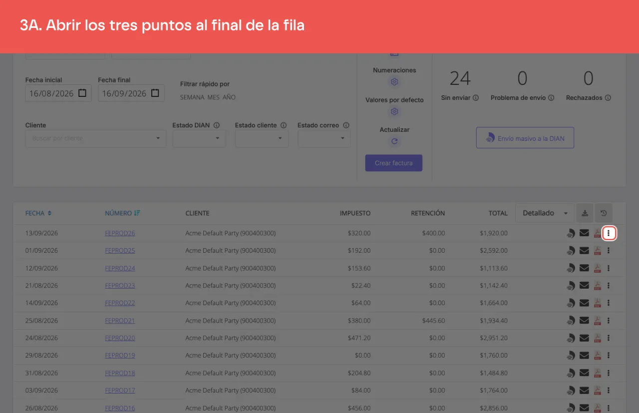 El menú de tres puntos de la fila de la factura
