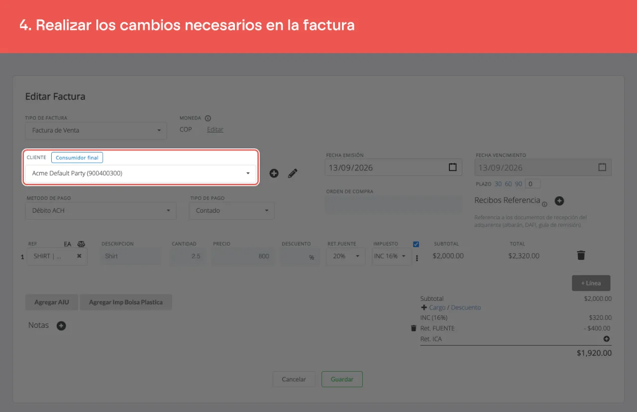 El formulario de la factura abierto para editarla