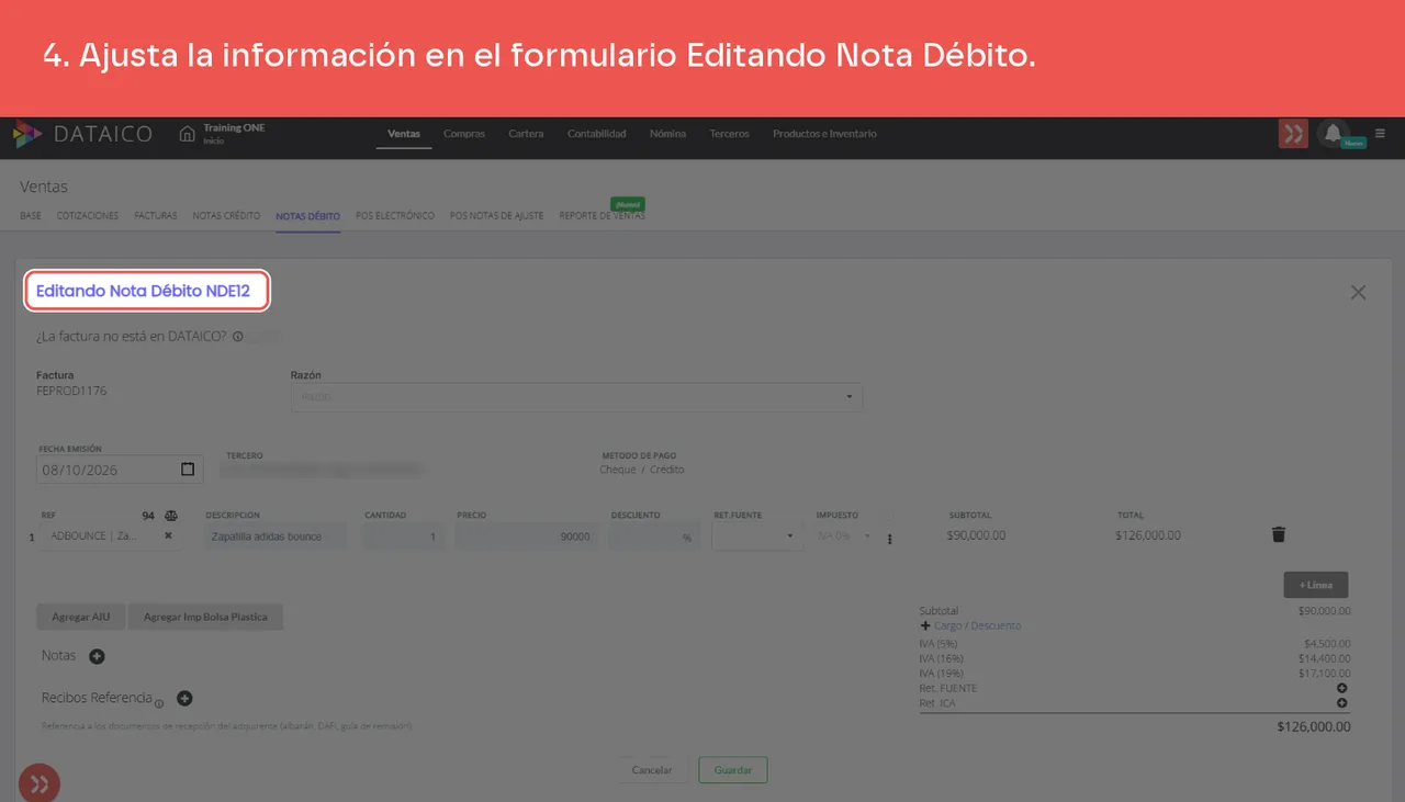 El formulario Editando Nota Débito con la factura, la razón, la fecha de emisión y las líneas