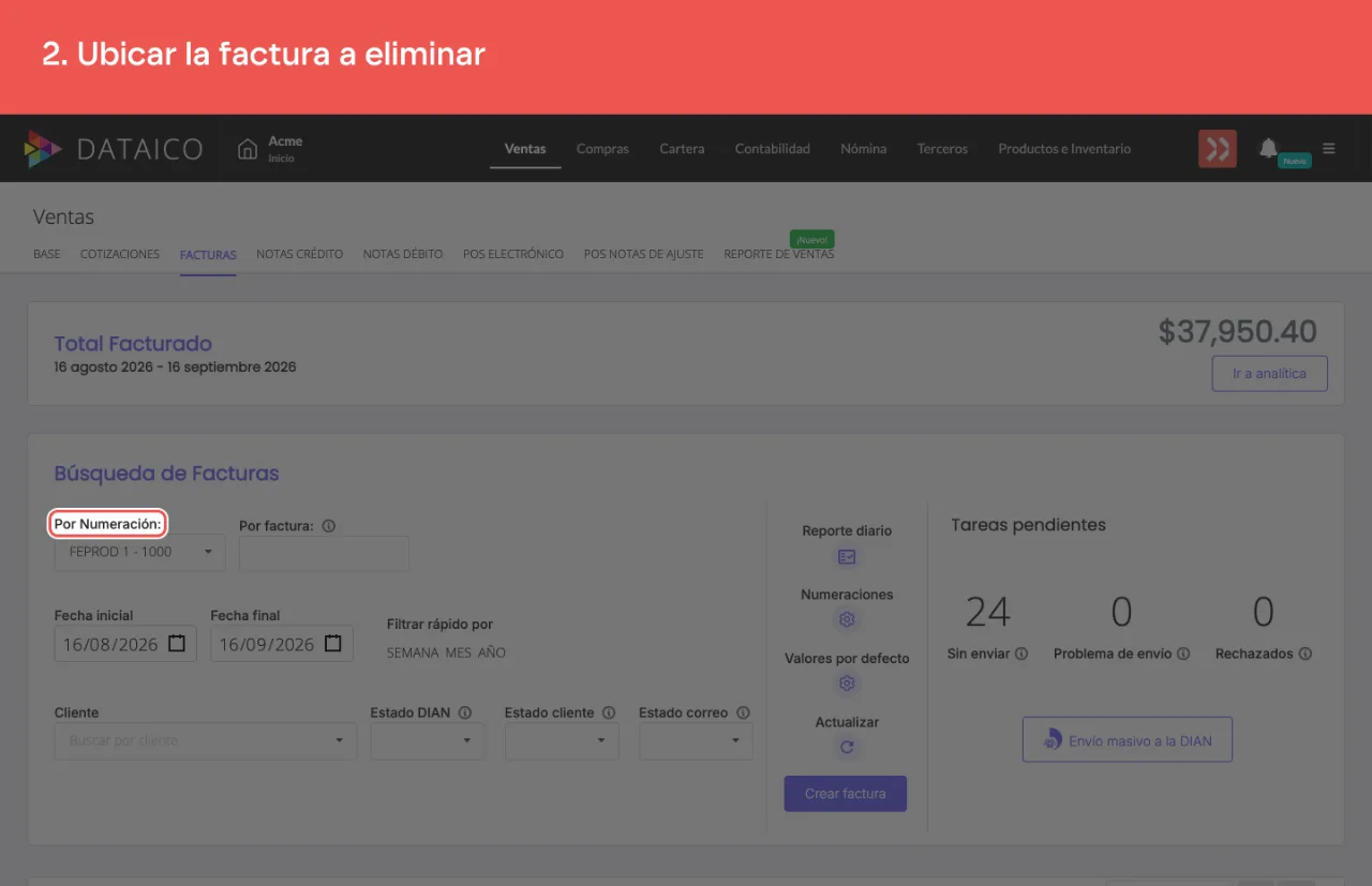Los filtros del listado de facturas: numeración, fechas, cliente y estados