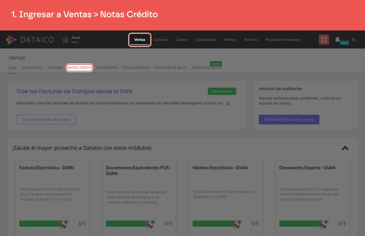 La pestaña Ventas del menú principal y la pestaña Notas Crédito