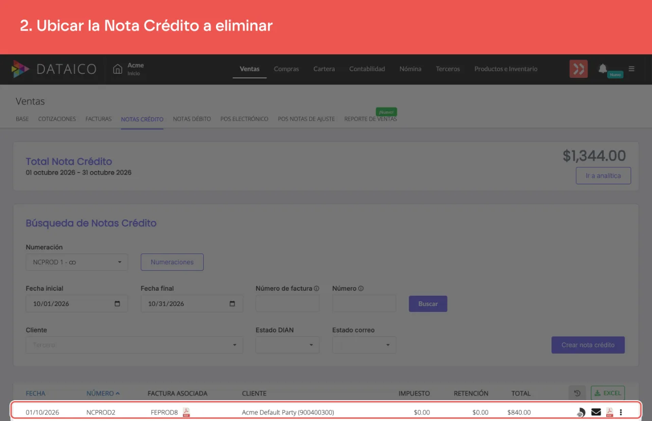 La fila de la nota crédito en el listado, con su número, la factura que modifica y su estado