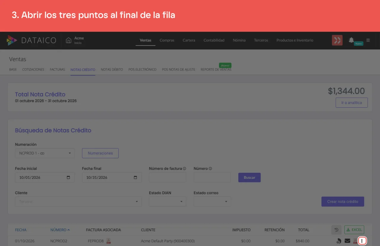 El menú de tres puntos de la fila de la nota crédito