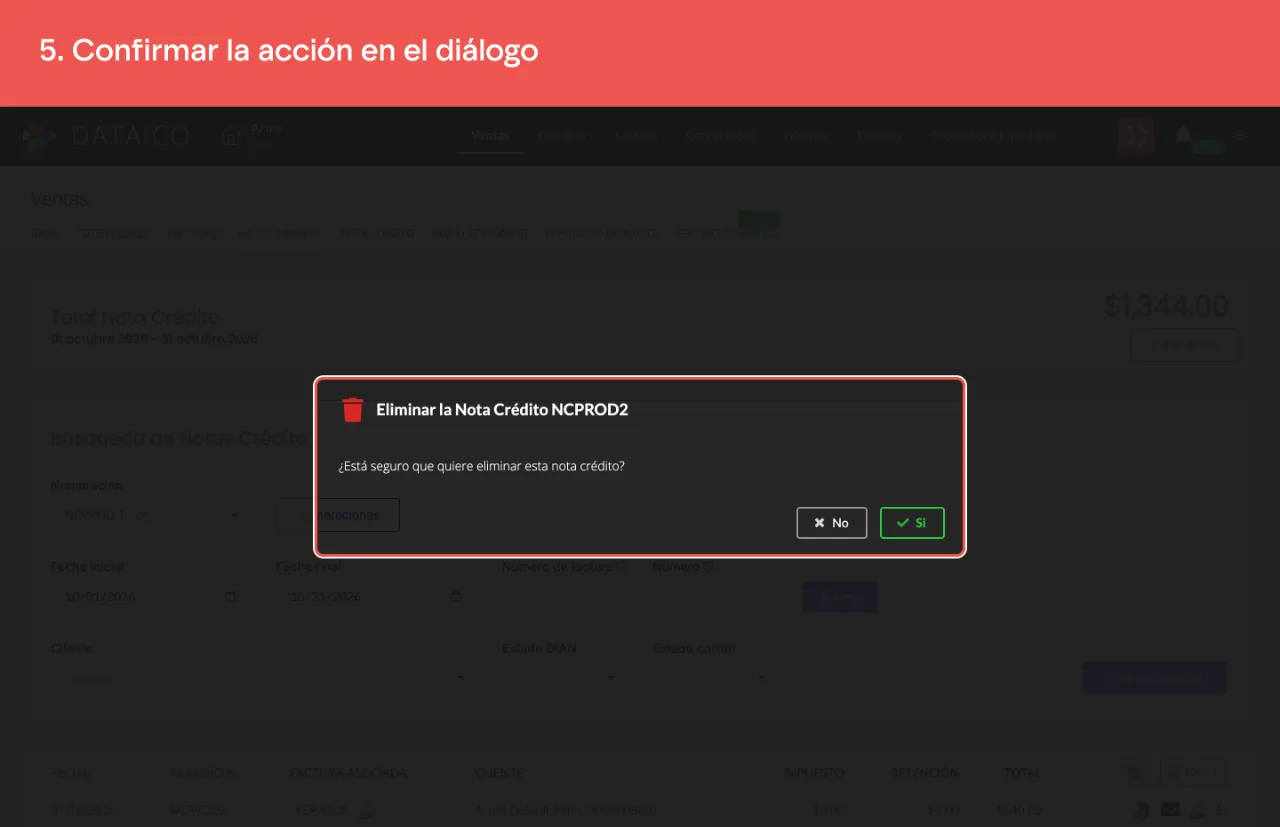 El diálogo que pide confirmar la eliminación de la nota crédito