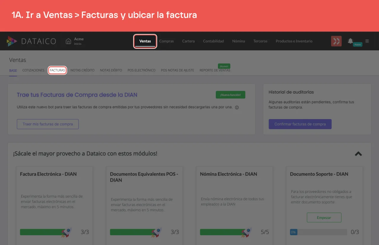 La pestaña Ventas del menú principal y la pestaña Facturas de la barra de secciones