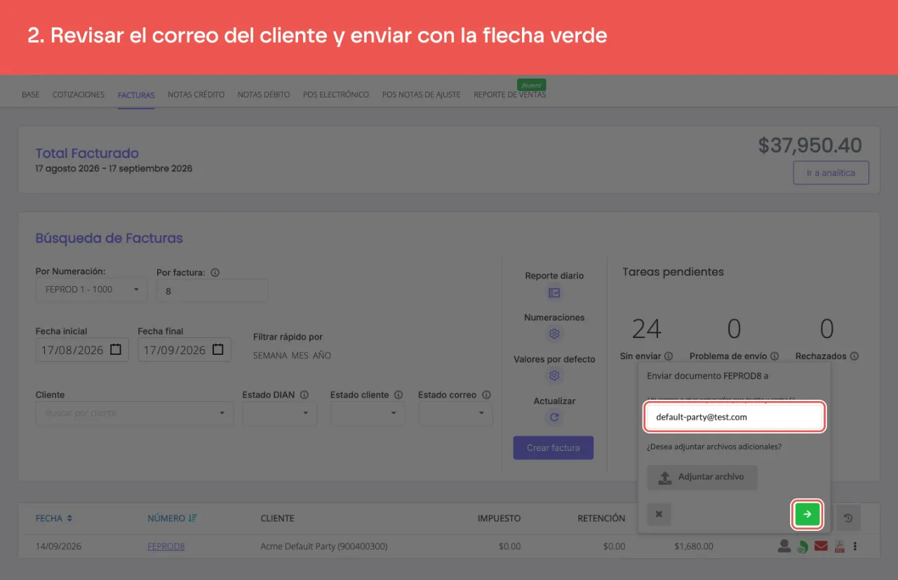 La ventana de envío, con el correo registrado del cliente y la flecha verde que envía