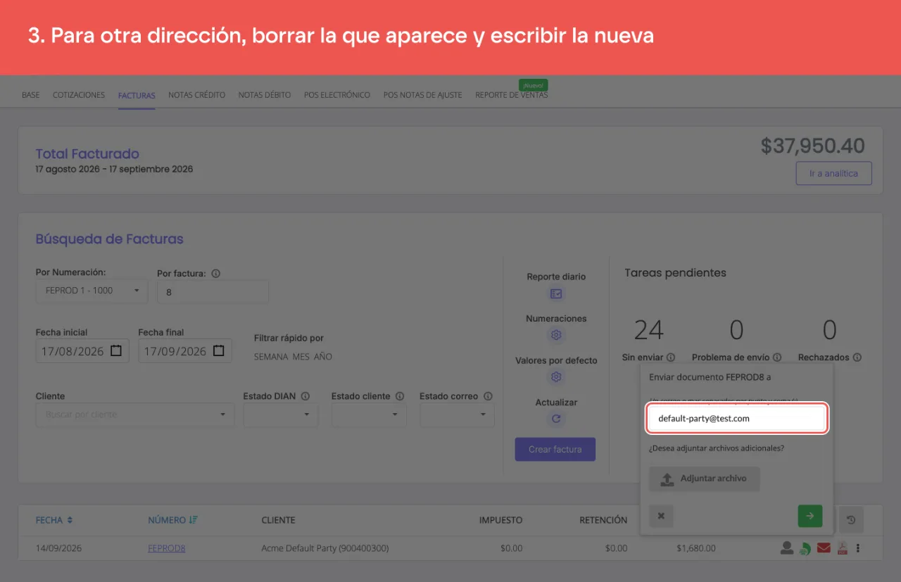 El campo de correo con una dirección distinta a la registrada en el tercero