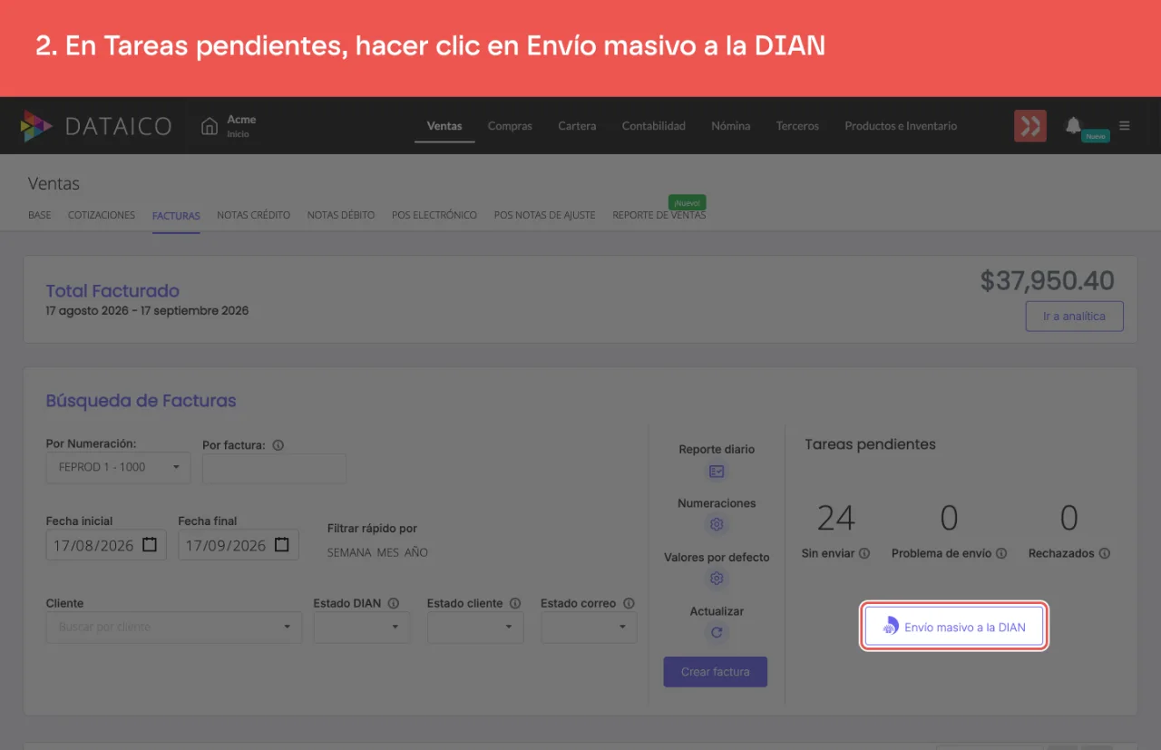El botón de envío masivo, en el panel de Tareas pendientes