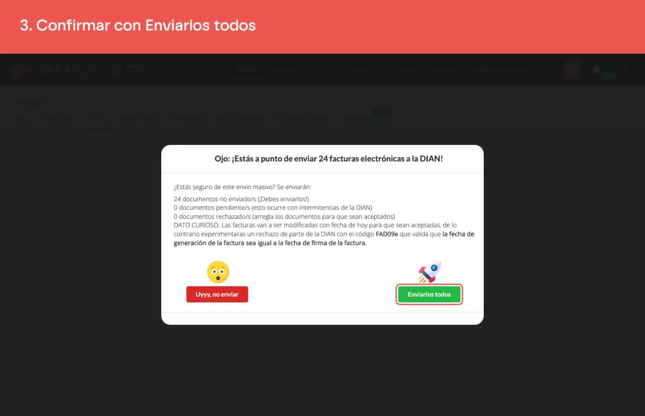 El cuadro que resume cuántas facturas se van a enviar y pide confirmación