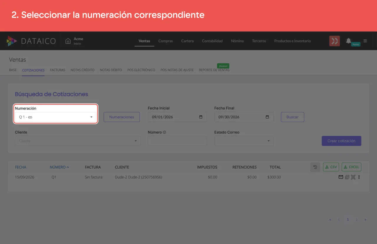 El selector de numeración del listado de cotizaciones