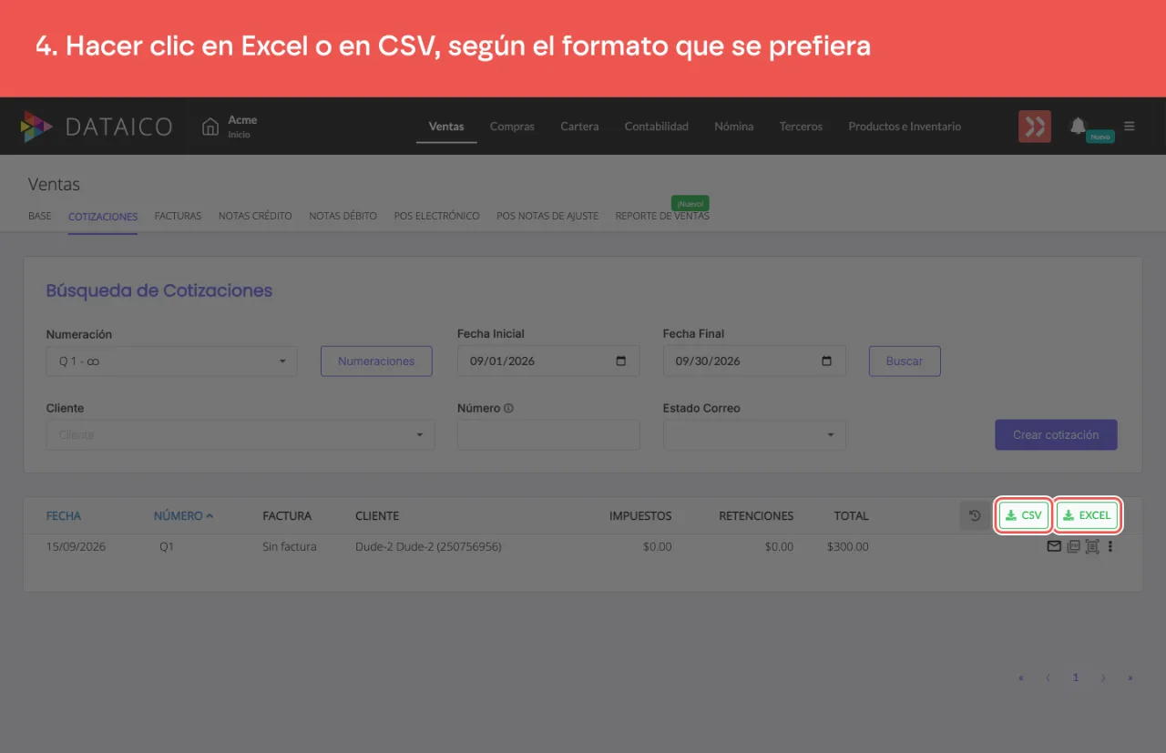 Los botones EXCEL y CSV, a la derecha del listado de cotizaciones