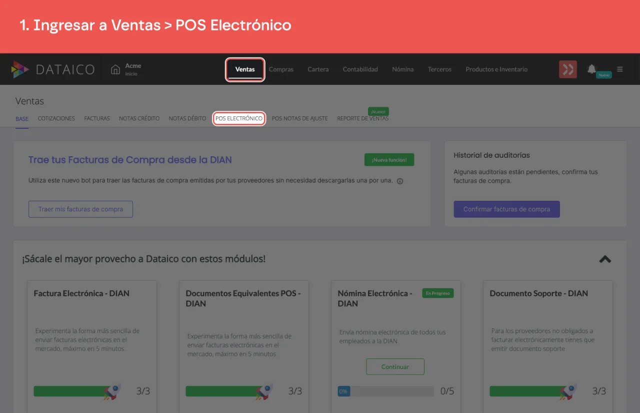 La pestaña Ventas del menú principal y la pestaña POS Electrónico