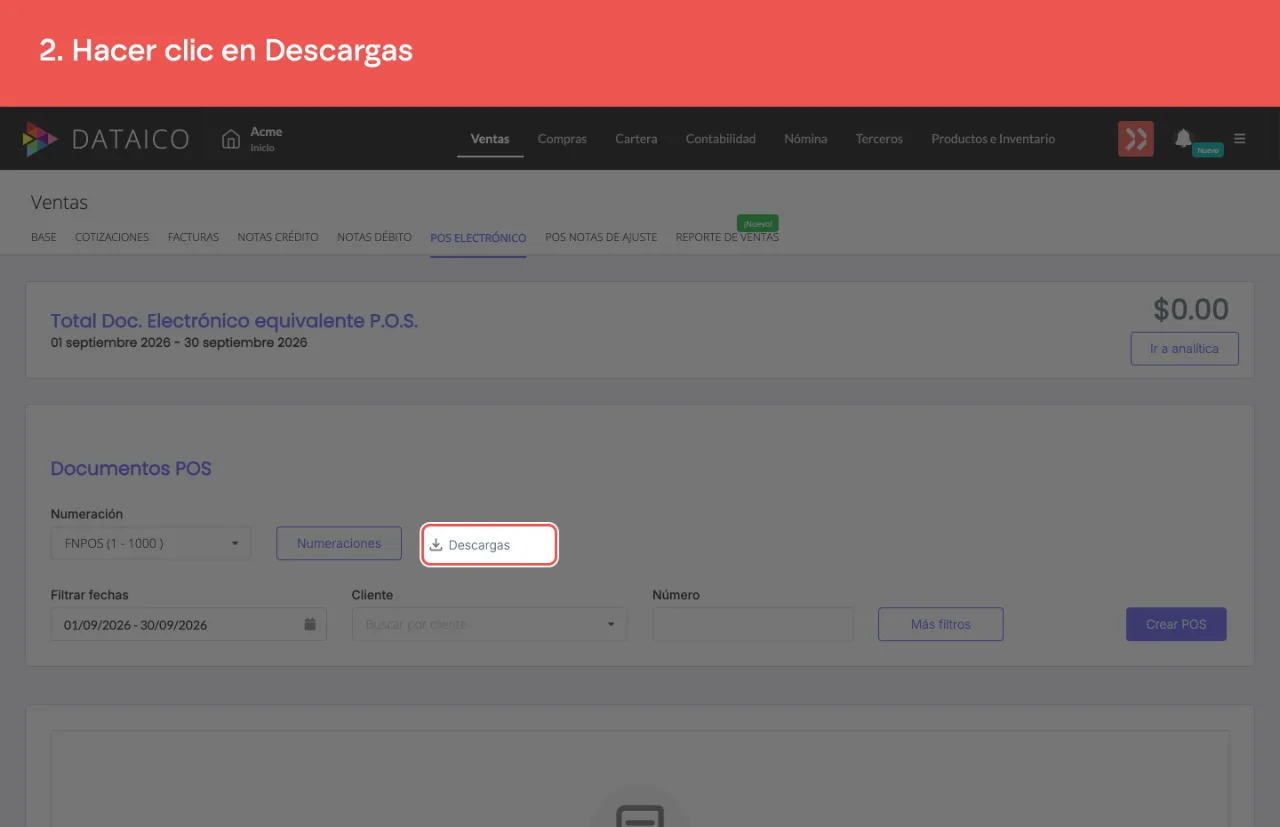 El botón Descargas del listado de documentos POS