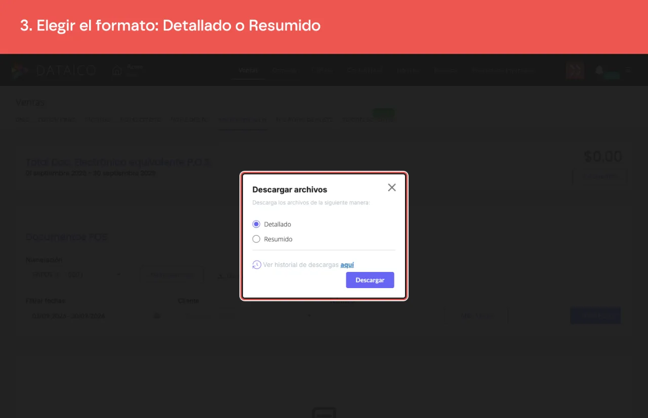 La ventana de descargas, con los formatos detallado y resumido